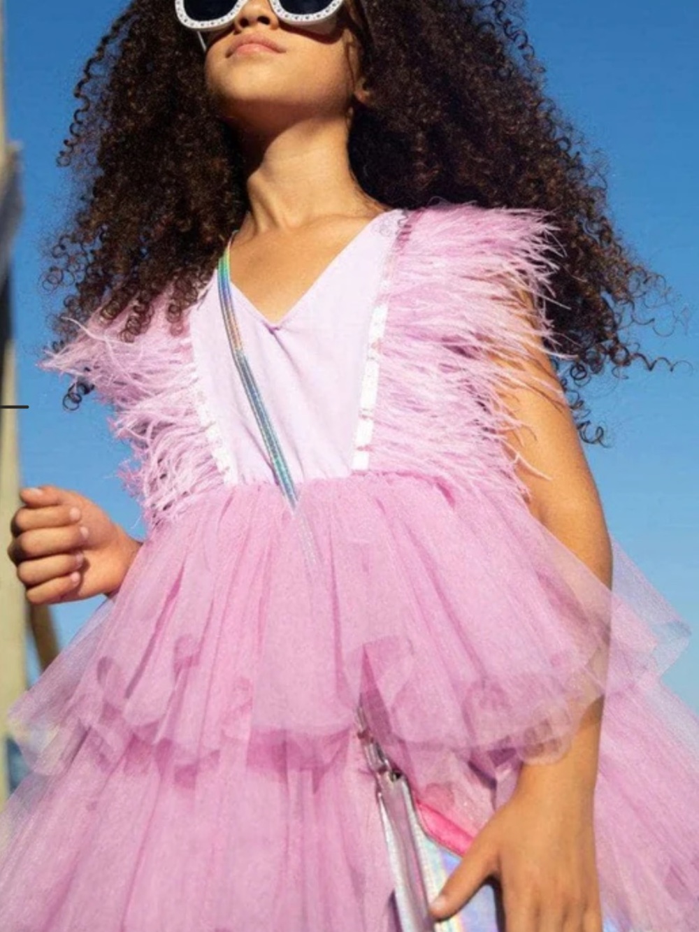 Lola + The Boys Purple Feather & Tulle Party Dress with V-Neck
